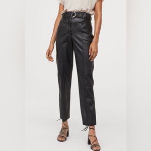 H&M black leather straight leg belted pants high waisted ankle